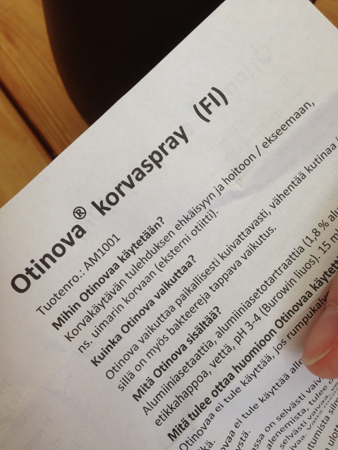 Ett produktblad där det står på finska om korvaspray, öronspray Korvaspray