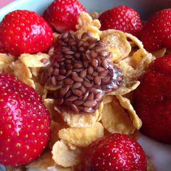 Jordgubbar linfrön cornflakes i fil