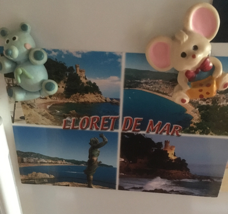 Vykort uppsatt med två kylskåpsmagneter