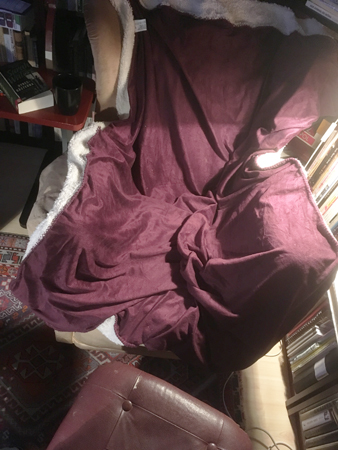 Fåtölj med pläd, golvlampa och James med bok och kaffe Fåtölj med pläd, golvlampa och James med bok och kaffe