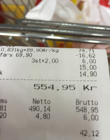 Kvitto på cirka 554 kronor