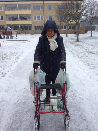 Mamma med matkassar på rollatorn i snöoväder den 2 januari 2016