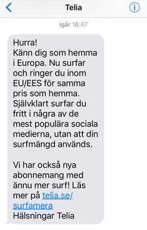 Sms från Telia om surf sociala medier och ringa i EU och EES