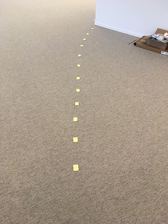 Markeringar med postitlappar på golvet