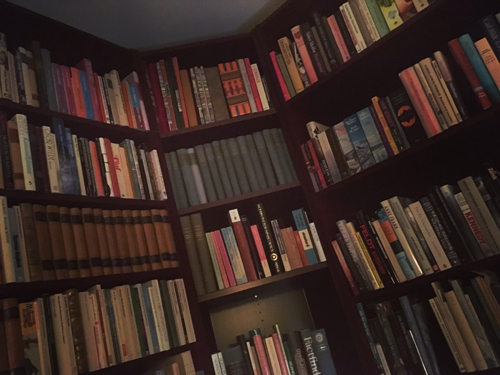 Böcker i bokhyllor hörn