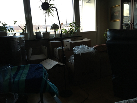 Vardagsrum med flyttlådor