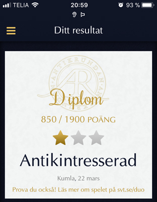 Diplom Antikintresserad i Kumla 22 mars 2018