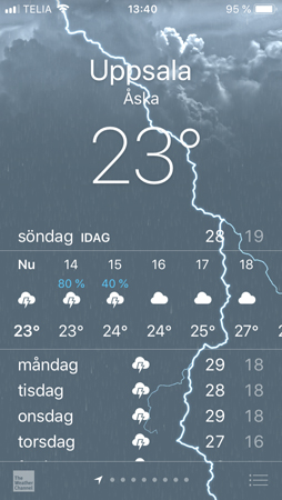 Åska och regn i Uppsala i väderappen