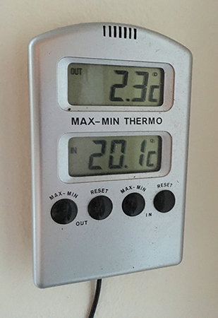 Två komma tre grader på termometern