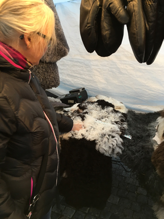 Anna kollar fårskinn på höstmarknaden