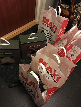 Matkassar och kattsand i hallen