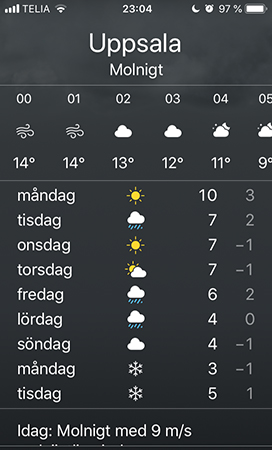 Skärmdump väderapp visar snö