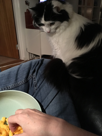 Lucifer och jag äter ostbågar