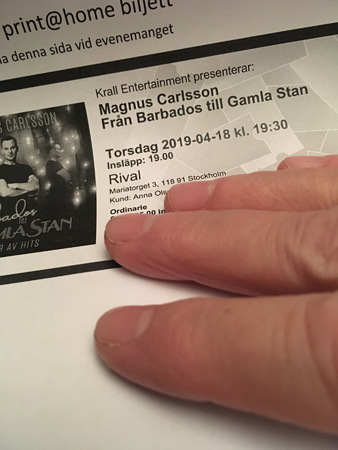 Biljett till Magnus Carlsson Fr Barbados t Gamla Stan