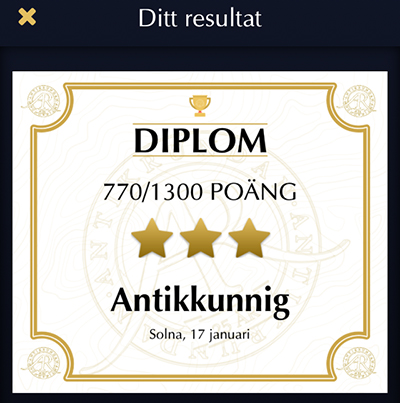 Diplom som Antikkunnig i Solna 17 januari 2019