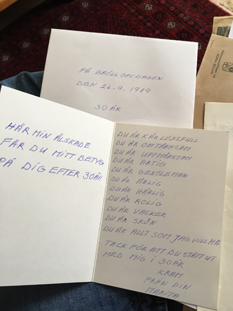 Mammas kort till pappa på deras 30åriga bröllopsdag 1989