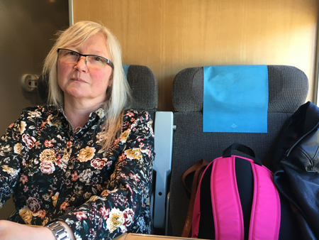 Anna och rosa ryggsäck på tåget