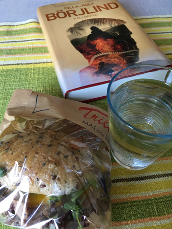 Lunch med macka bok och vatten