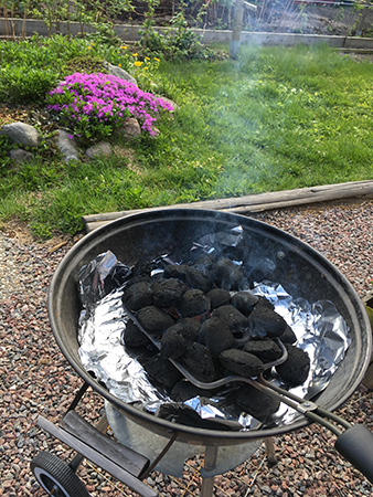 Grill med briketter och tändhandske