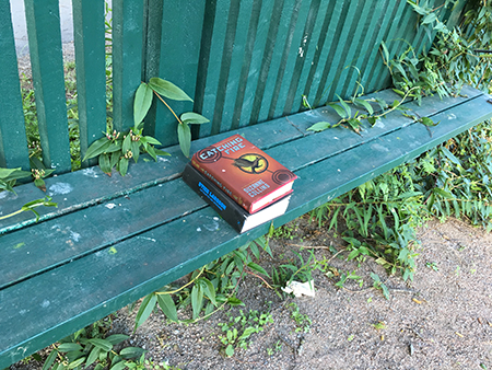 Två böcker på en bänk i Höganäsparken