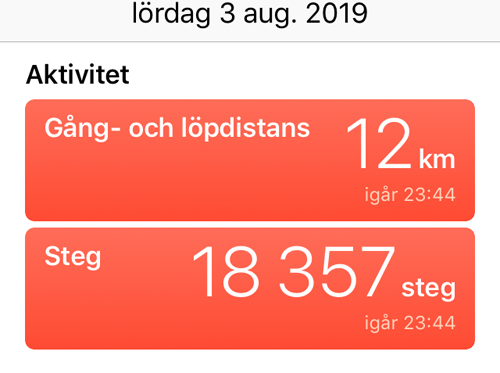 12 km gång och 18357 steg på lördagen