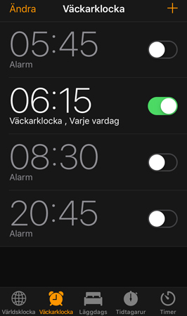 Väckarklocka 6 o 16 påslagen på mobilen