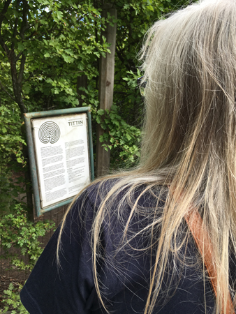 Anna läser om labyrinten vid Rosendal