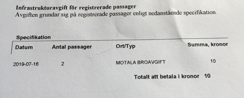 Infrastrukturavgift för färd på Brona