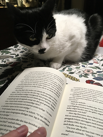 Mini och boken vid frukostbordet