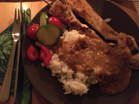 Kycklingspett med jordnötssås och ris