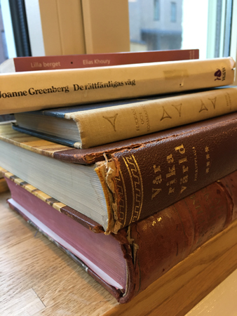 En hög till med böcker på Park Inn