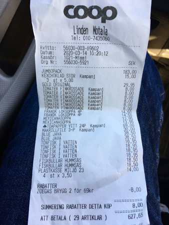 Kvitto konserver kattmat toapapper