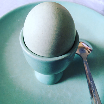 Grönt ägg som matchar servisen