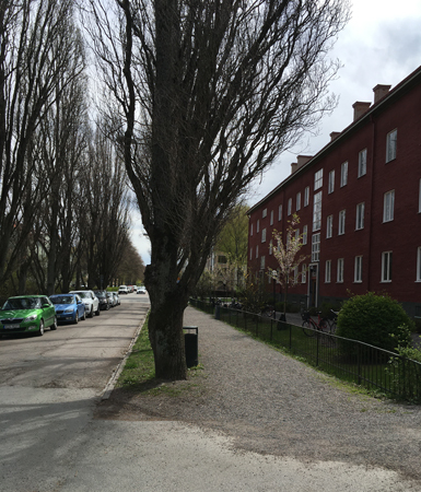 Rött hus gata med bilar och träd