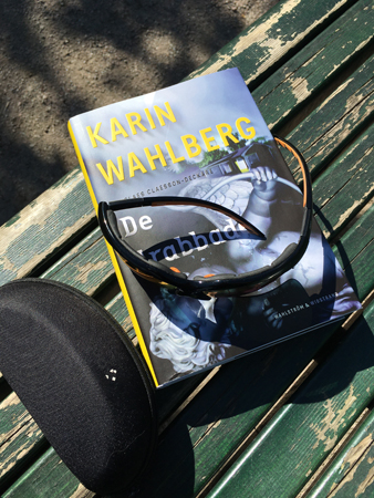 Parkbänk med solbrillor på boken De drabbade