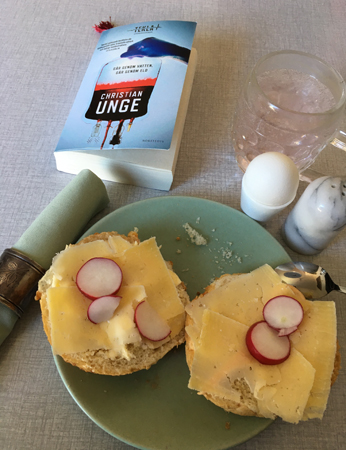 Ostmackor med rädisor vatten ägg och boken Går genom vatten går genom eld