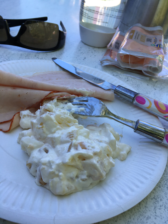 Kallskuret kalkon och kyckling mimosasallad vatten