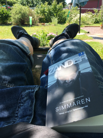 Med boken Simmaren i solstolen i skuggan