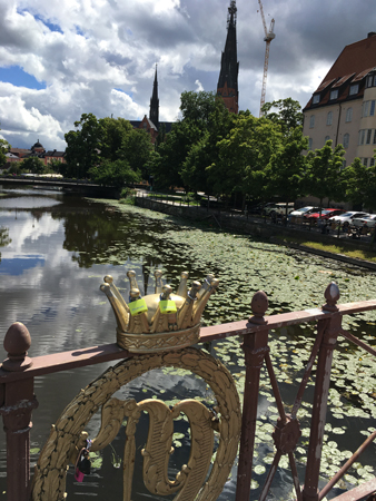 Fyrisån med näckrosor och Domkyrkan i bakgrunden