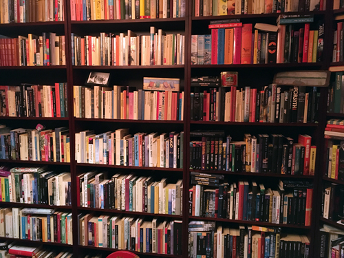 Del av bokväggen mot köket