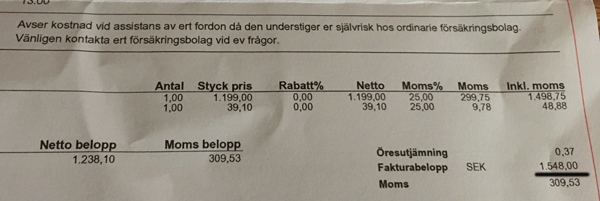Bärgningsräkning 1548 kr