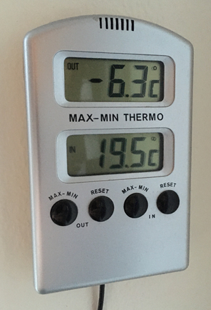 Termometern visar minus 6 komma 3 utomhus