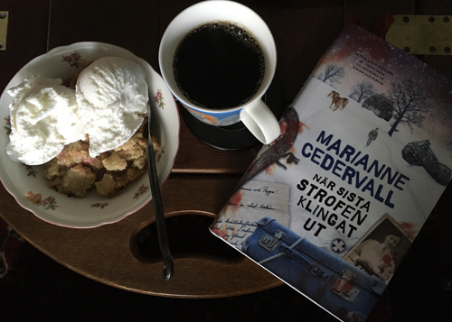 Rabarberpaj med glass kaffe o boken När sista strofen klingat ut