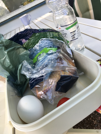 Lunchlåda med smörgås kokt ägg och tomat vatten