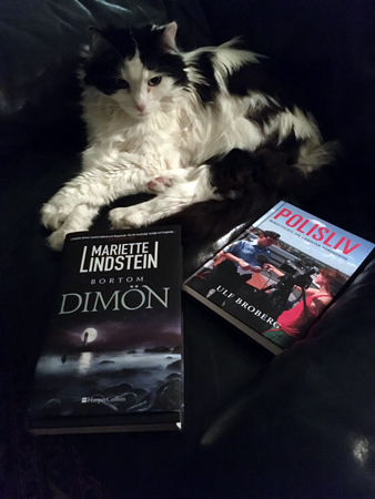 Katten Lucifer med böckerna Bortom Dimön och Polisliv