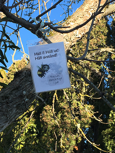 Skylt i träd Pussas försiktigt i jul