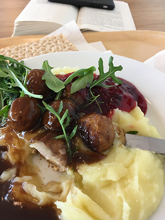 Lunch med veggiebullar och bok