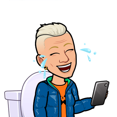 Bitmoji Tofflan sitter på toa o skrattar åt nåt på mobilen