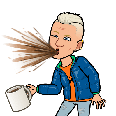 Bitmoji Tofflan spottar ut kaffe
