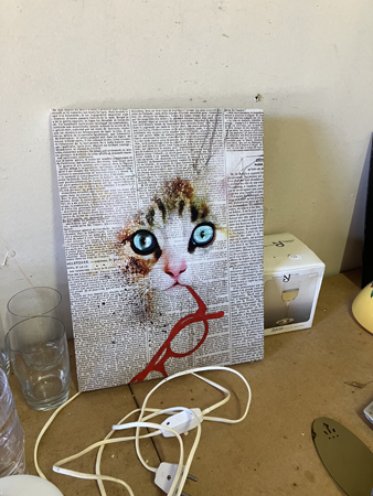 Tavla katt på tidningssida med röda glasögon i munnen